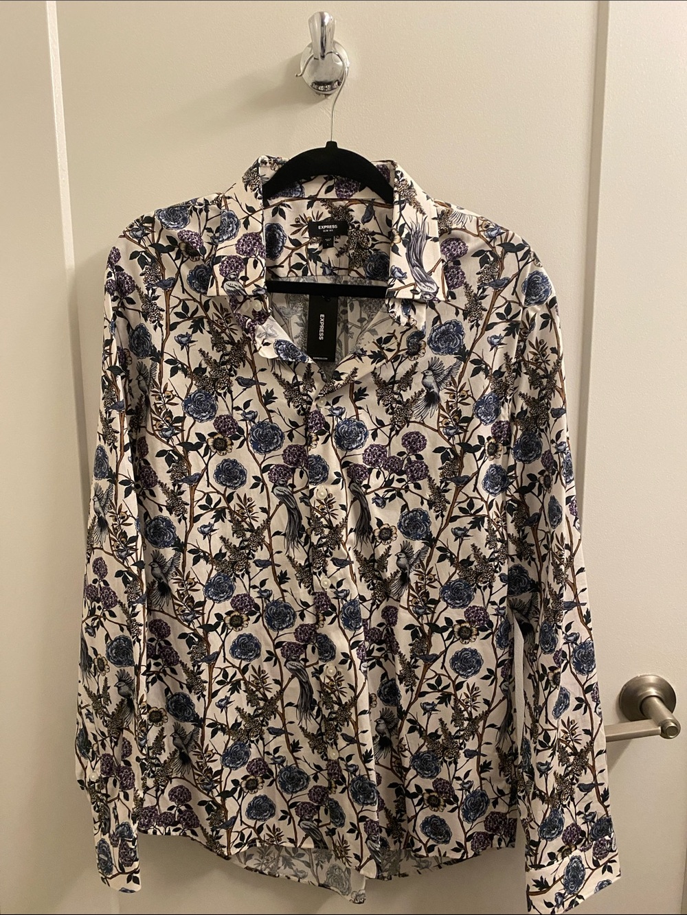 Express Cream Button-Down Shirt with Blue & Purple Floral Print